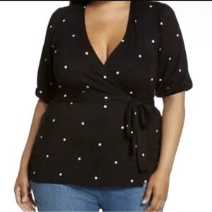 Halogen Black with White Polka Dot Wrap Top V-Neck 3/4 Sleeves Size 2X